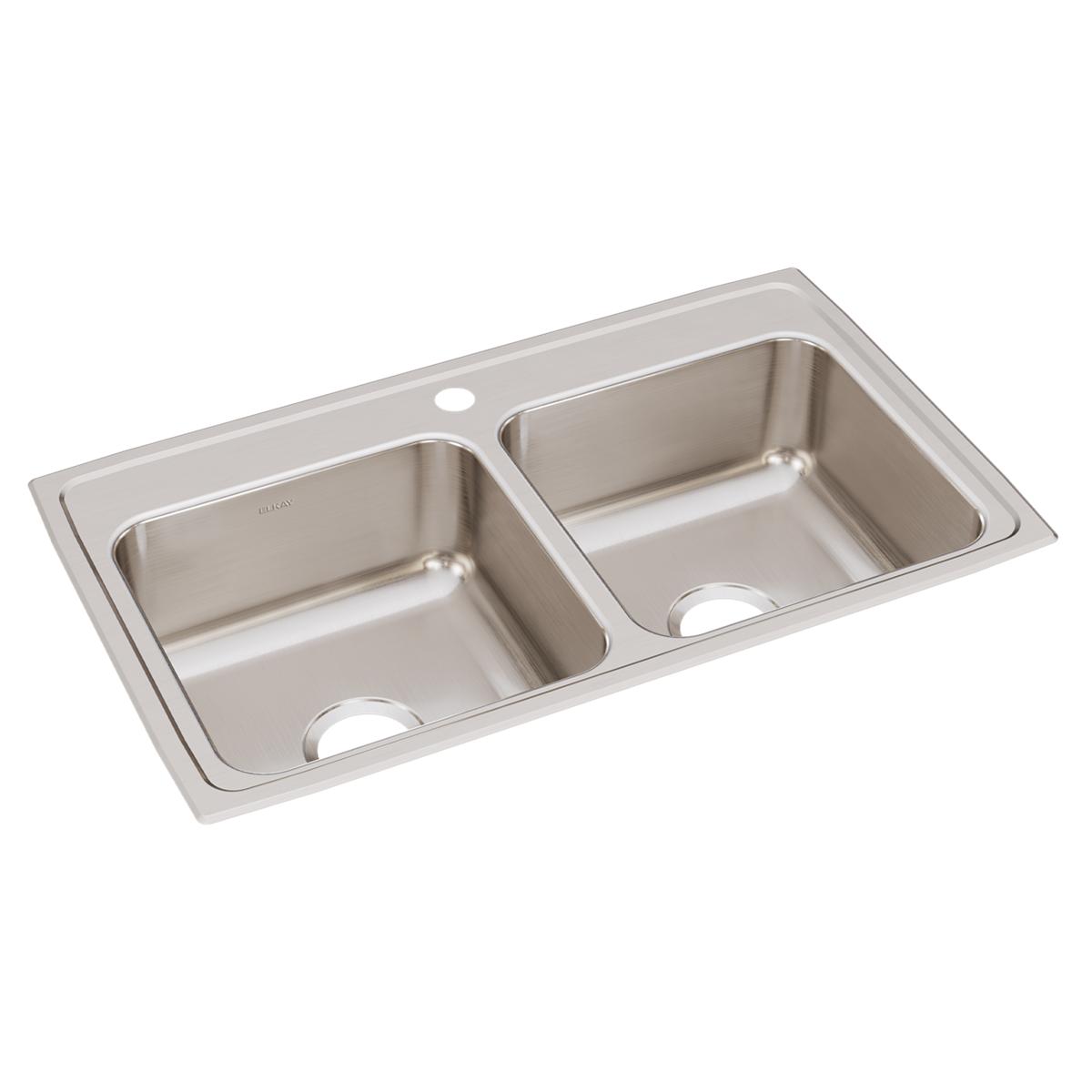 Stainless steel double bowl drop-in sink with two equal-sized basins and single faucet hole.
