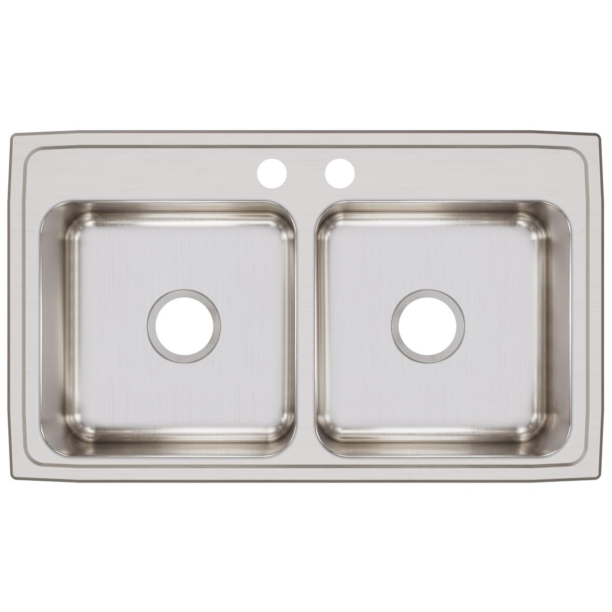 Stainless steel double bowl drop-in sink with two faucet holes and brushed finish surface.