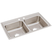 Stainless steel double bowl drop-in sink with two faucet holes and equal-sized rectangular basins.