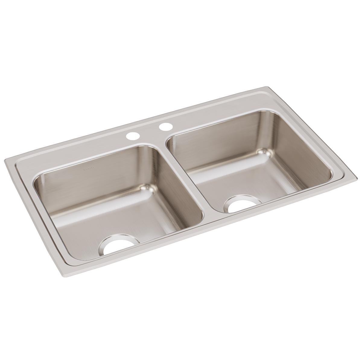 Stainless steel double bowl drop-in sink with two faucet holes and equal-sized rectangular basins.
