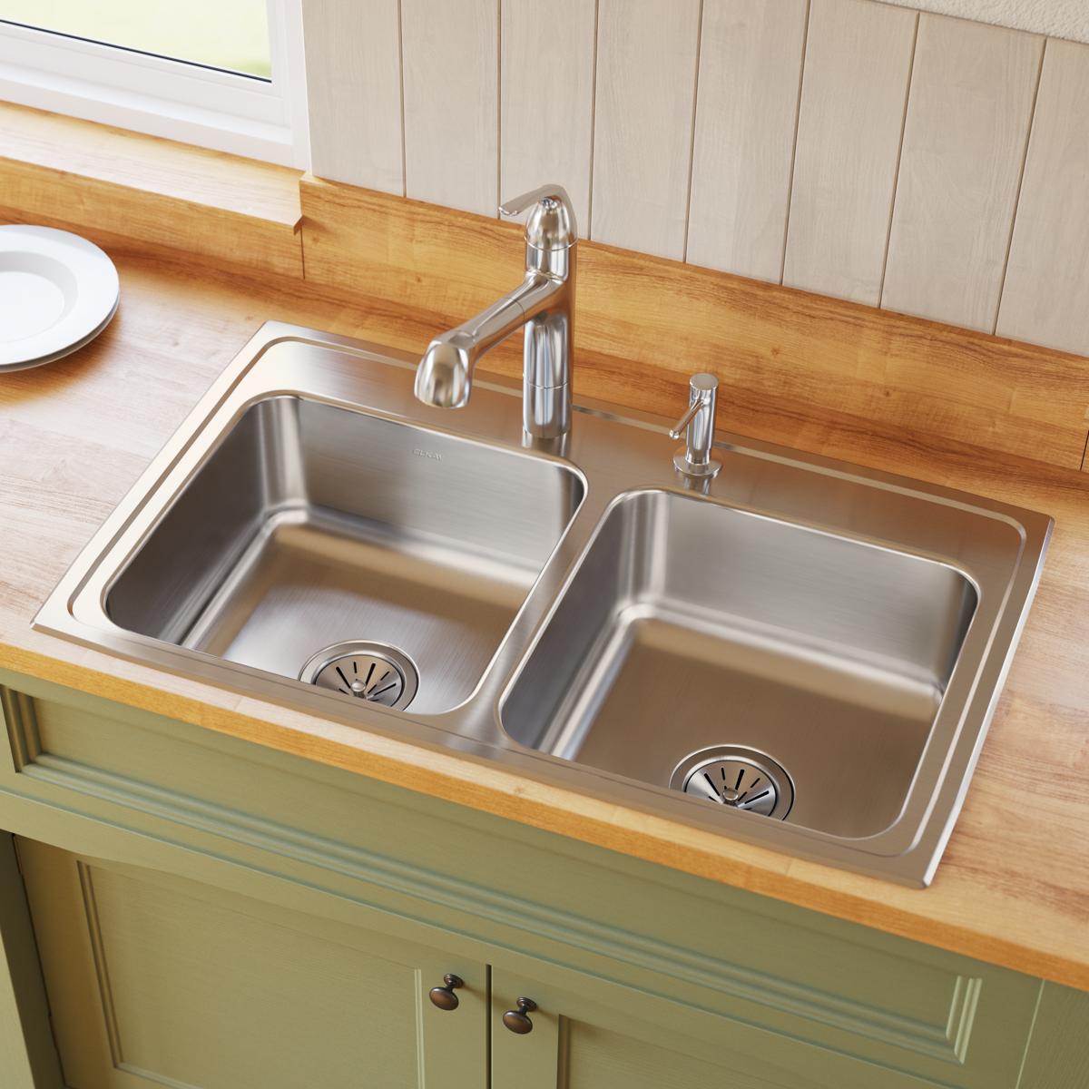 Elkay Lustertone Classic Stainless Steel 33" x 19-1/2" x 7-5/8", 3-Hole Equal Double Bowl Drop-in Sink