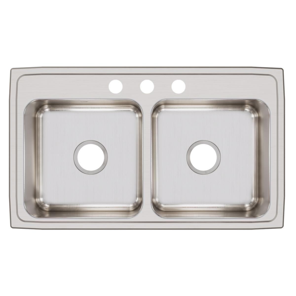Stainless steel drop-in sink with two equal bowls and three pre-drilled holes across the rim.
