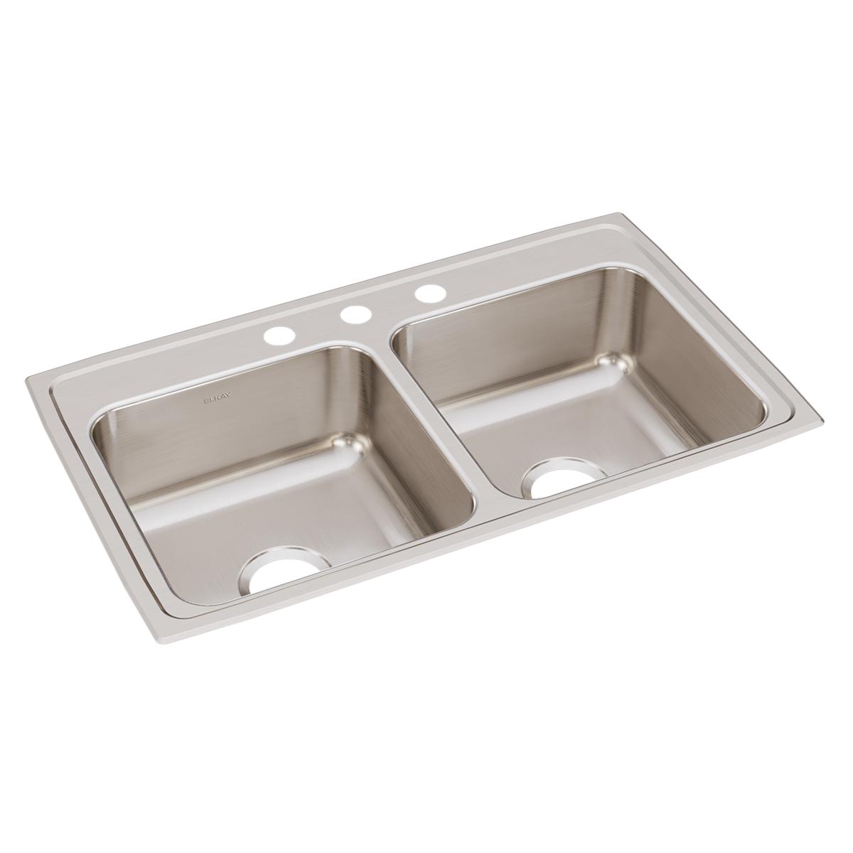 Elkay Lustertone Classic Stainless Steel 33" x 19-1/2" x 7-5/8", 3-Hole Equal Double Bowl Drop-in Sink