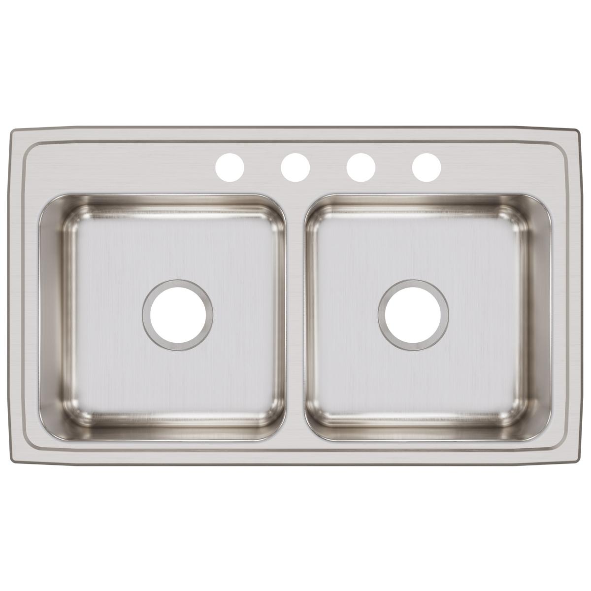 Stainless steel double bowl drop-in sink with four mounting holes across the top rim, viewed from above.