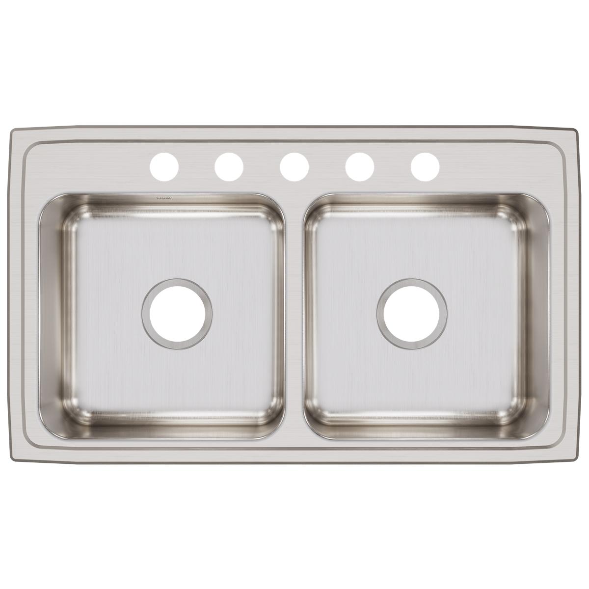 Stainless steel double bowl drop-in sink with five holes across the rim and one hole per bowl.