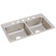 Stainless steel double bowl drop-in sink with five holes along the top rim for faucet installation.