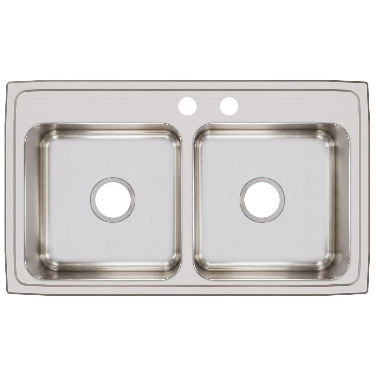 Stainless steel double bowl drop-in sink with two faucet holes in brushed finish.