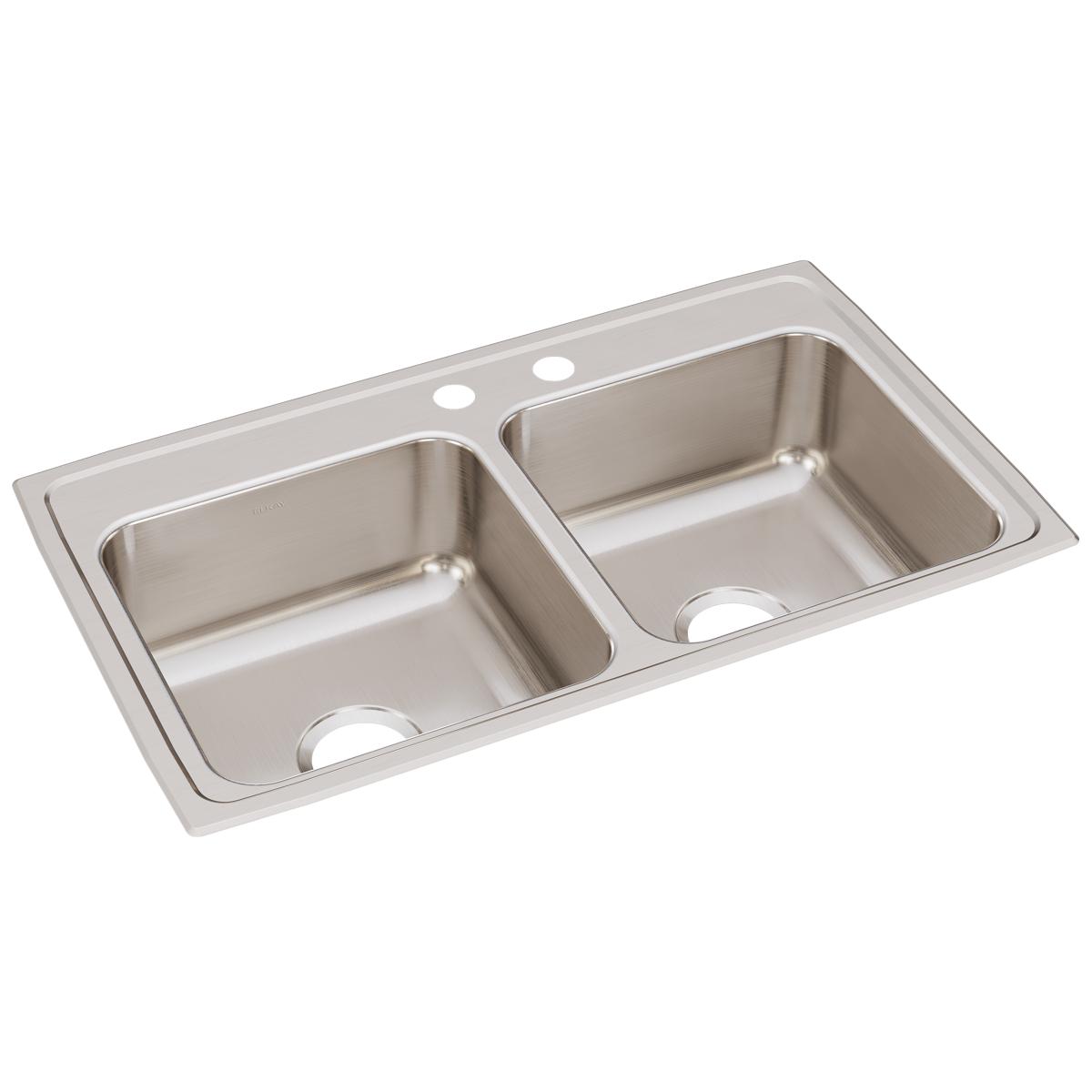 Stainless steel double bowl drop-in sink with two equal basins and faucet holes along the rim.
