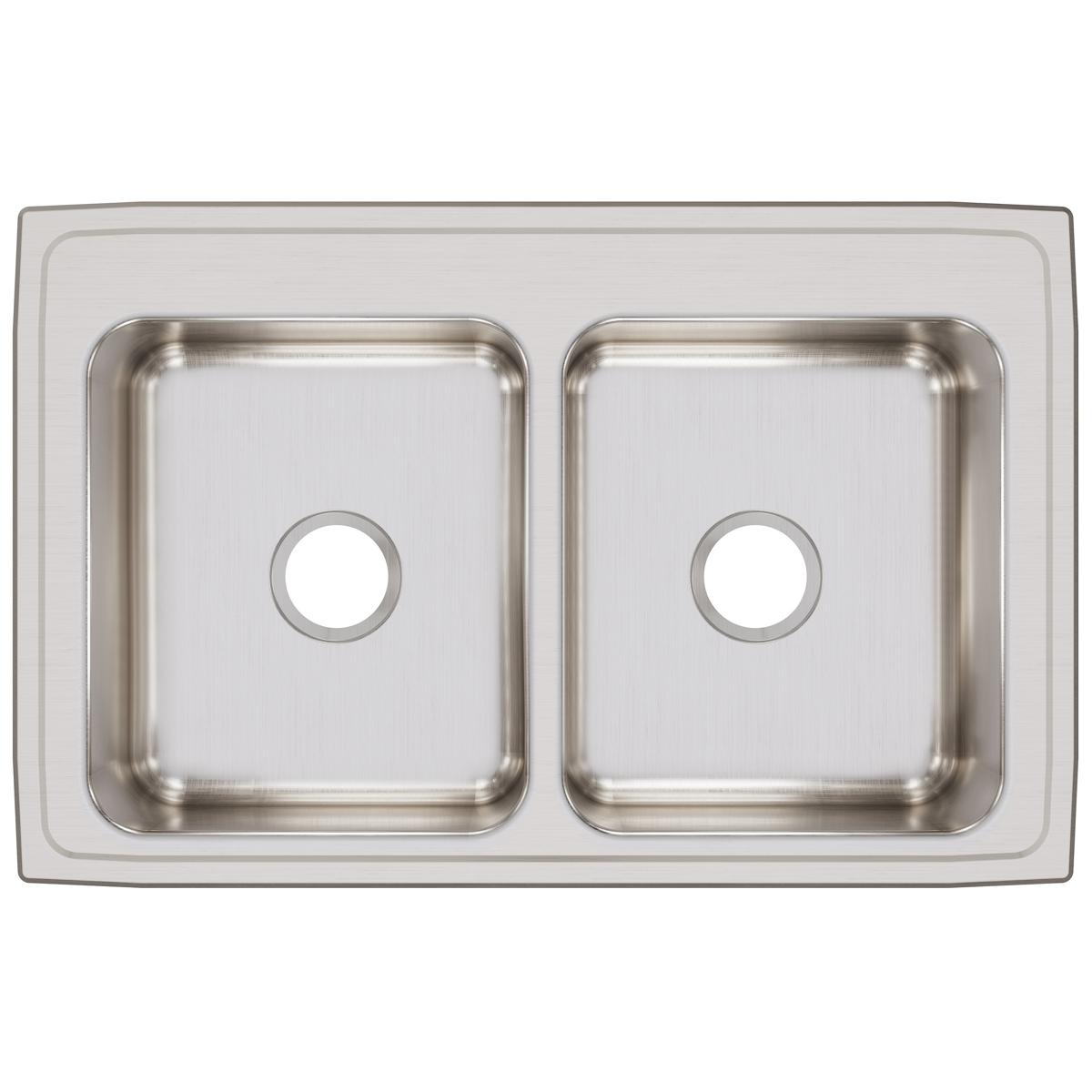 Stainless steel drop-in sink with two equal bowls and pre-drilled holes, brushed finish surface.