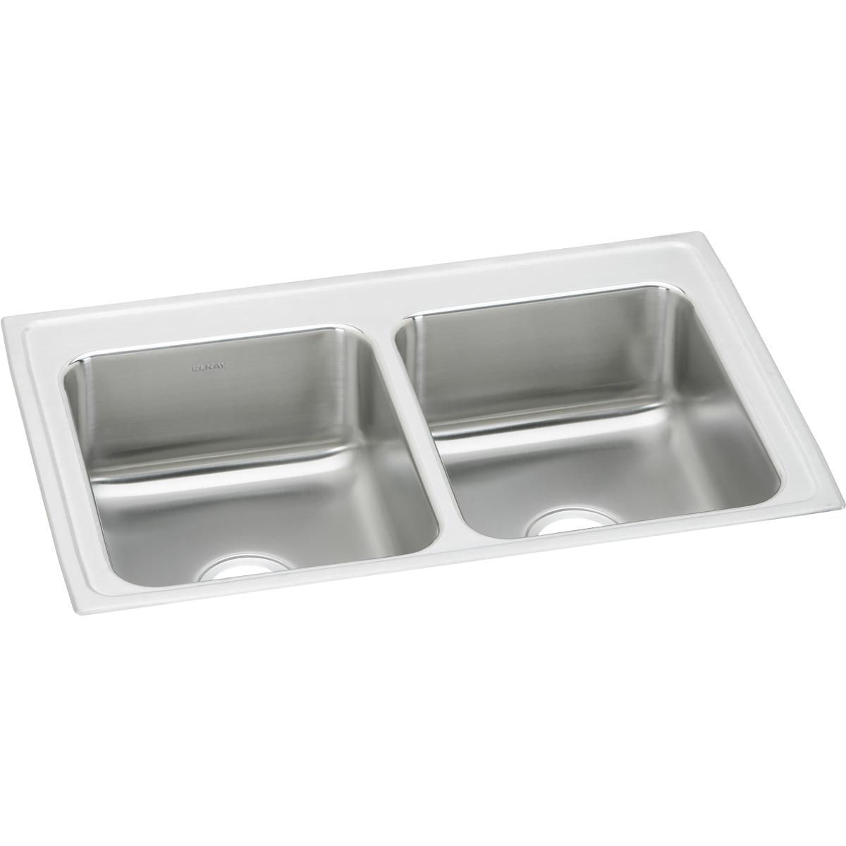 Stainless steel double bowl drop-in sink with white rim and two equal-sized basins.