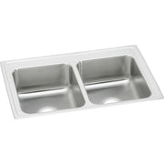 Stainless steel double bowl drop-in sink with white rim and two equal-sized basins.