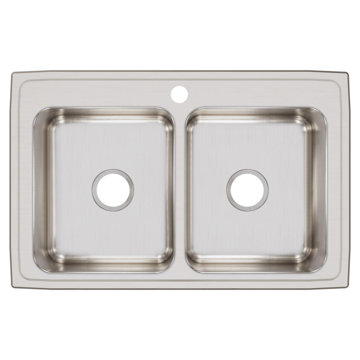 Stainless steel drop-in sink with two equal bowls and one faucet hole, brushed finish surface.
