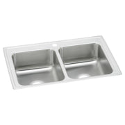 Stainless steel double bowl drop-in sink with white rim and single faucet hole, viewed from above at an angle.