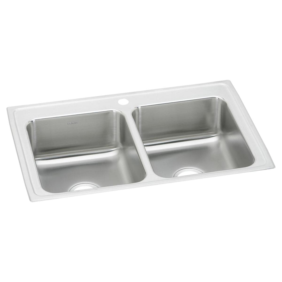 Stainless steel drop-in sink with two equal rectangular bowls and white rim, single faucet hole visible.