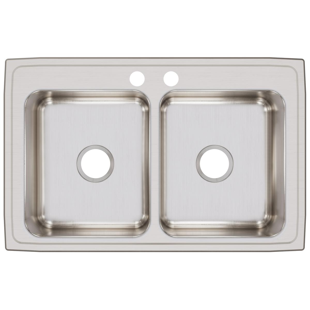 Stainless steel drop-in sink with two equal rectangular bowls and two pre-drilled holes, viewed from above.