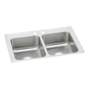 Stainless steel double bowl drop-in sink with two faucet holes and equal-sized compartments.
