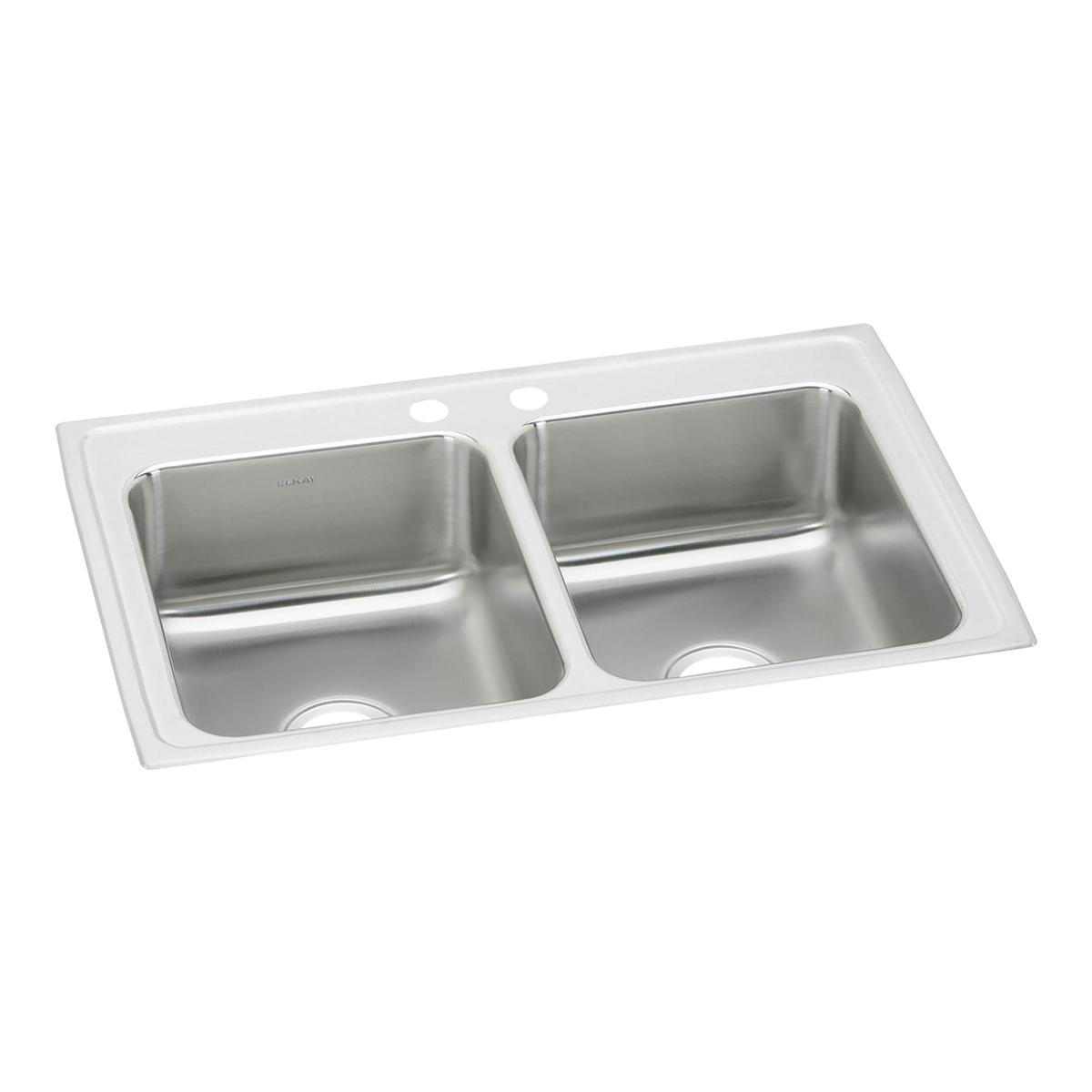 Stainless steel double bowl drop-in sink with two faucet holes and equal-sized compartments.