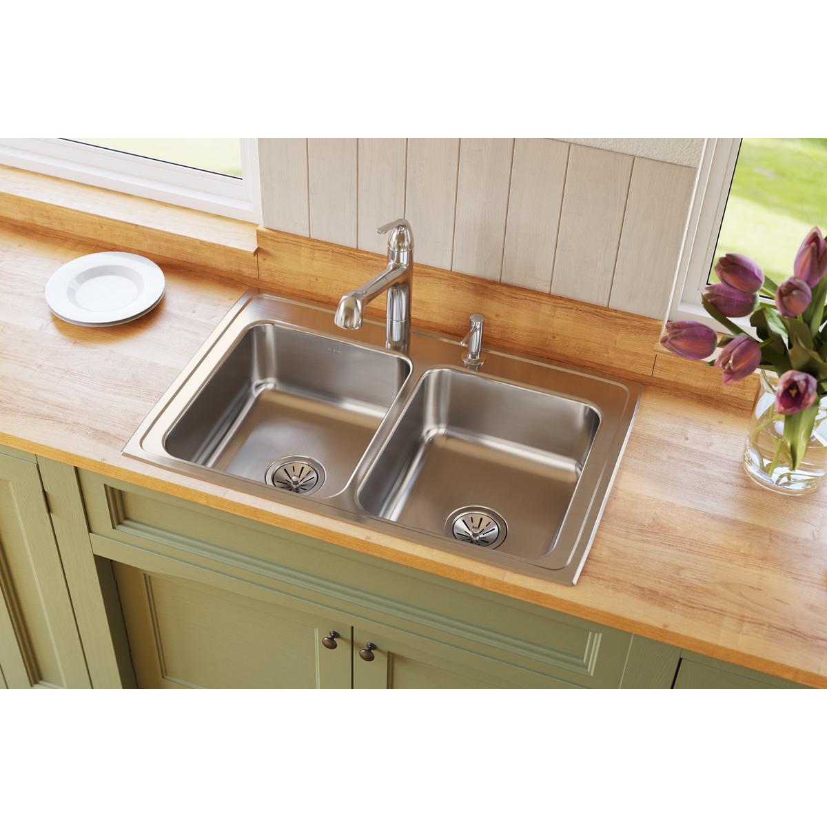 Elkay Lustertone Classic Stainless Steel 33" x 21-1/4" x 7-7/8", 3-Hole Equal Double Bowl Drop-in Sink