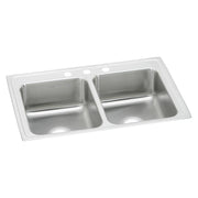 Stainless steel double bowl drop-in sink with white rim and three faucet holes, viewed from above.