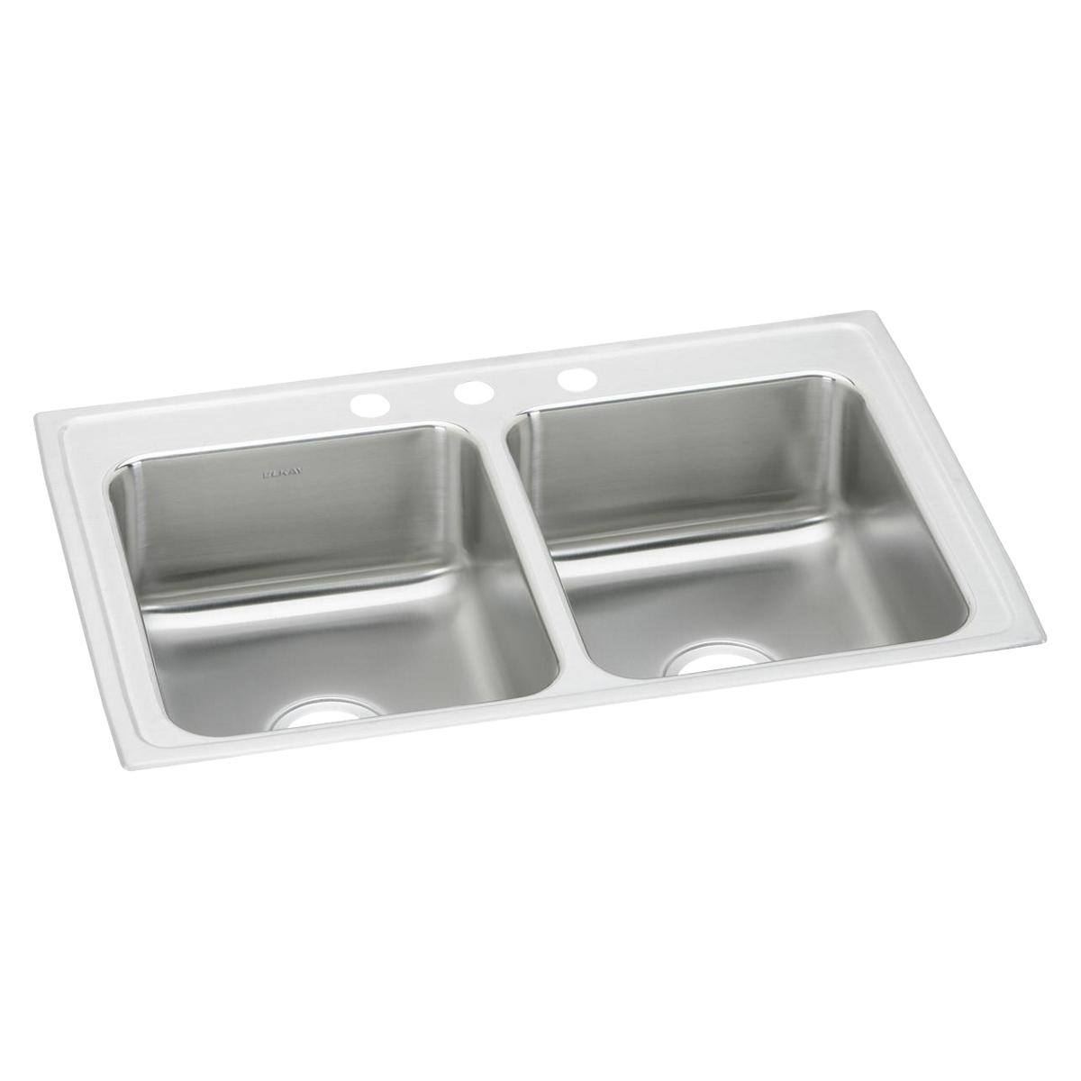 Stainless steel double bowl drop-in sink with white rim and three faucet holes, viewed from above.