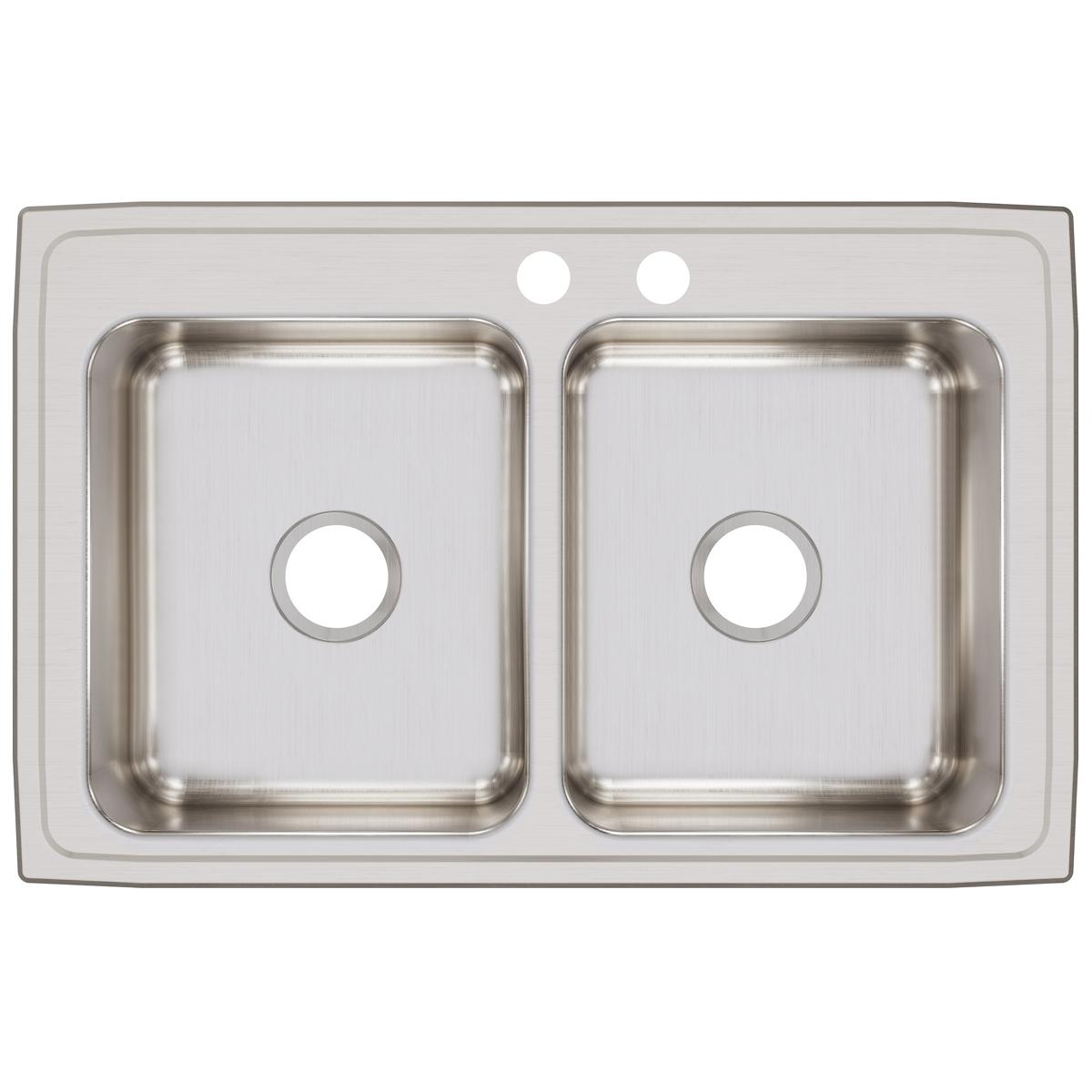 Stainless steel double bowl drop-in sink with two pre-drilled faucet holes and equal-sized rectangular basins.