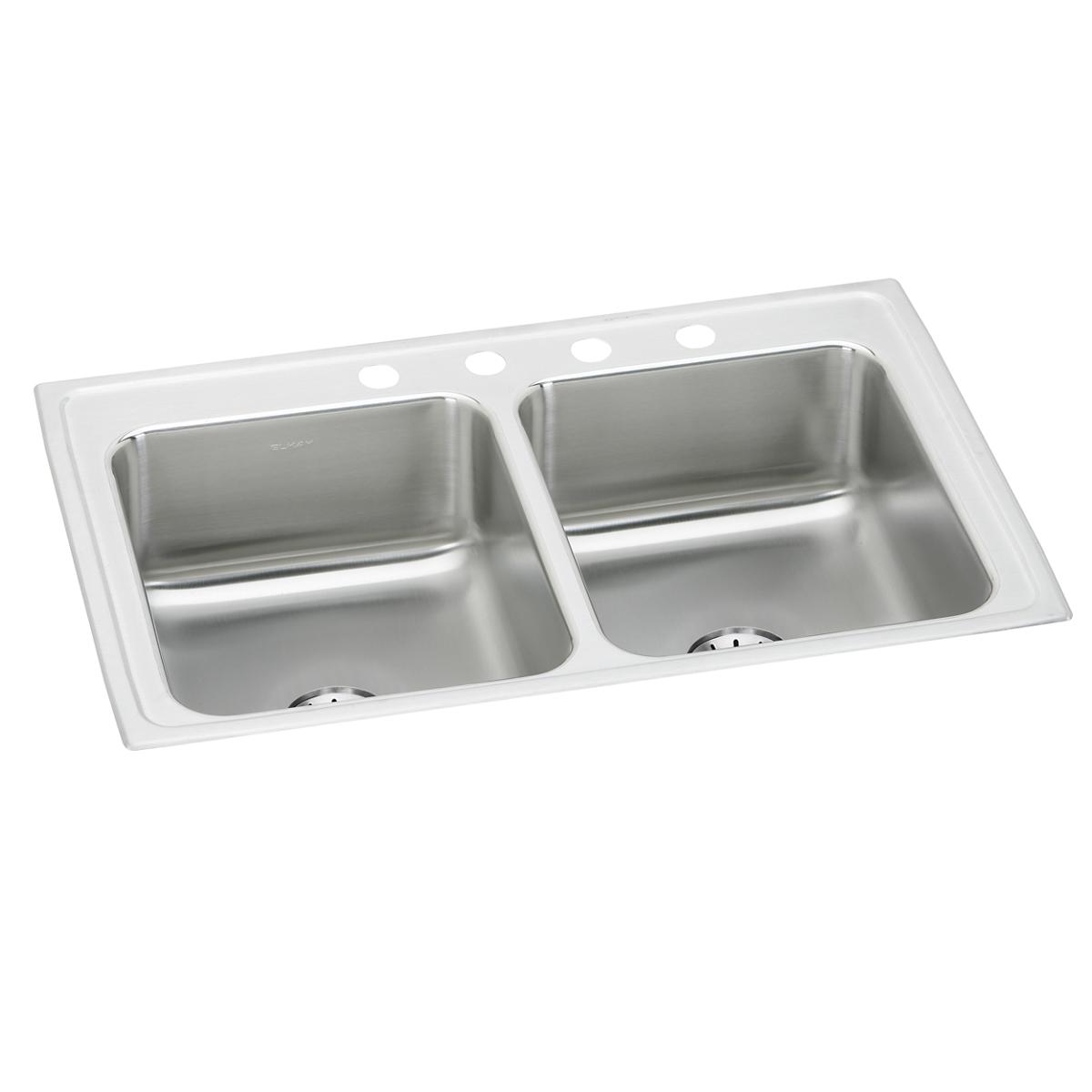 Stainless steel double bowl drop-in sink with white rim and three faucet holes across the top.