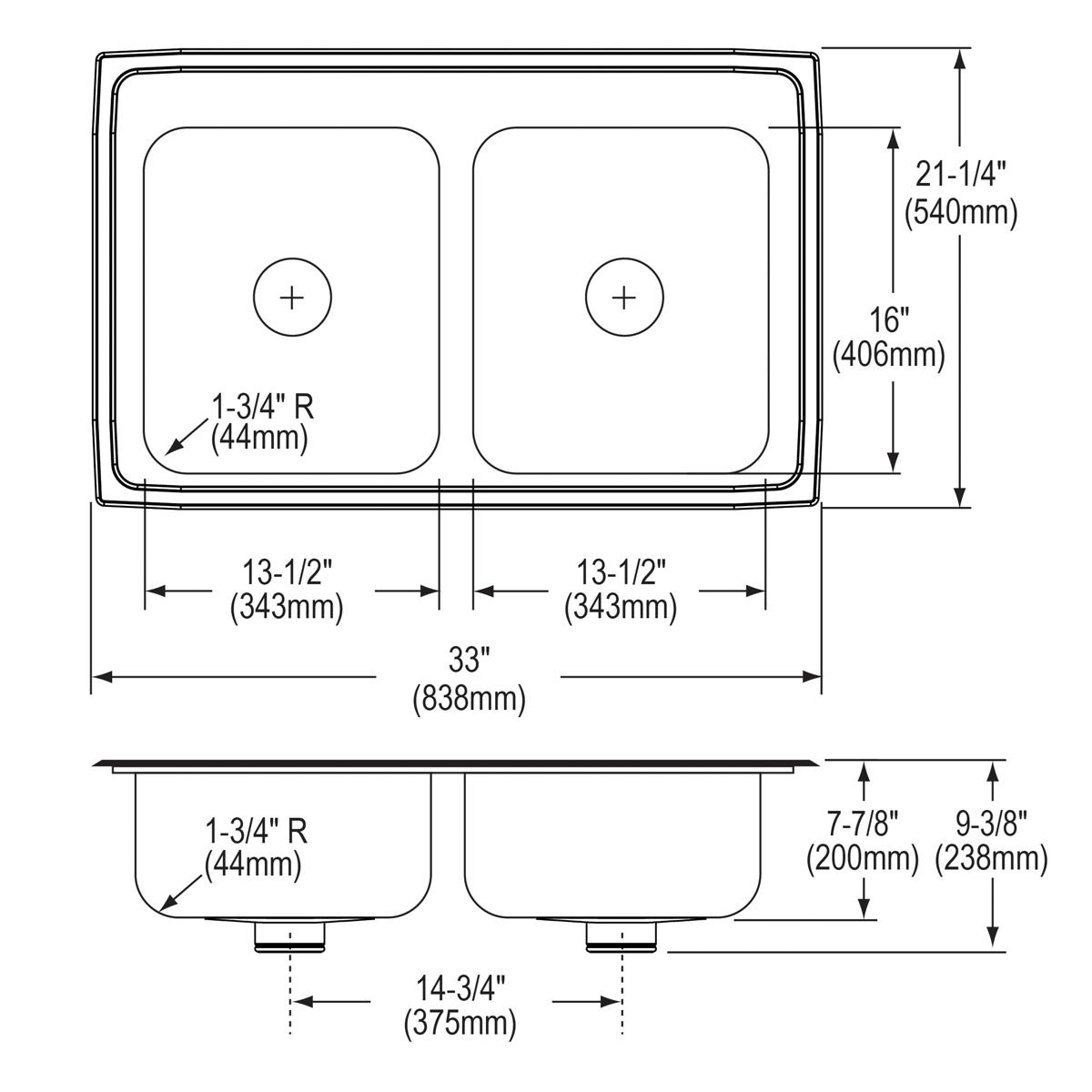 Stainless steel double bowl drop-in sink with two equal rectangular basins and drain holes, shown in top and side views with 