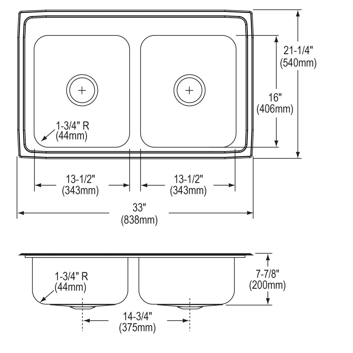 Elkay Lustertone Classic Stainless Steel 33" x 21-1/4" x 7-7/8", 3-Hole Equal Double Bowl Drop-in Sink