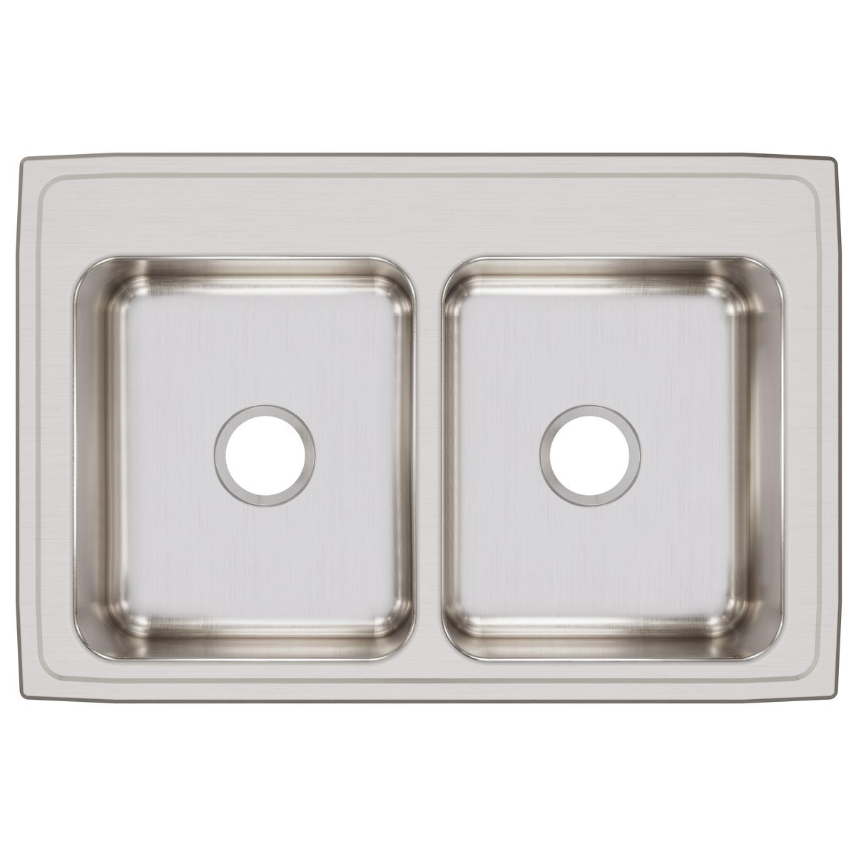 Stainless steel double bowl drop-in sink with two equal rectangular basins and pre-drilled holes, brushed finish.