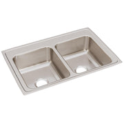 Stainless steel drop-in sink with two equal rectangular bowls and drain openings.