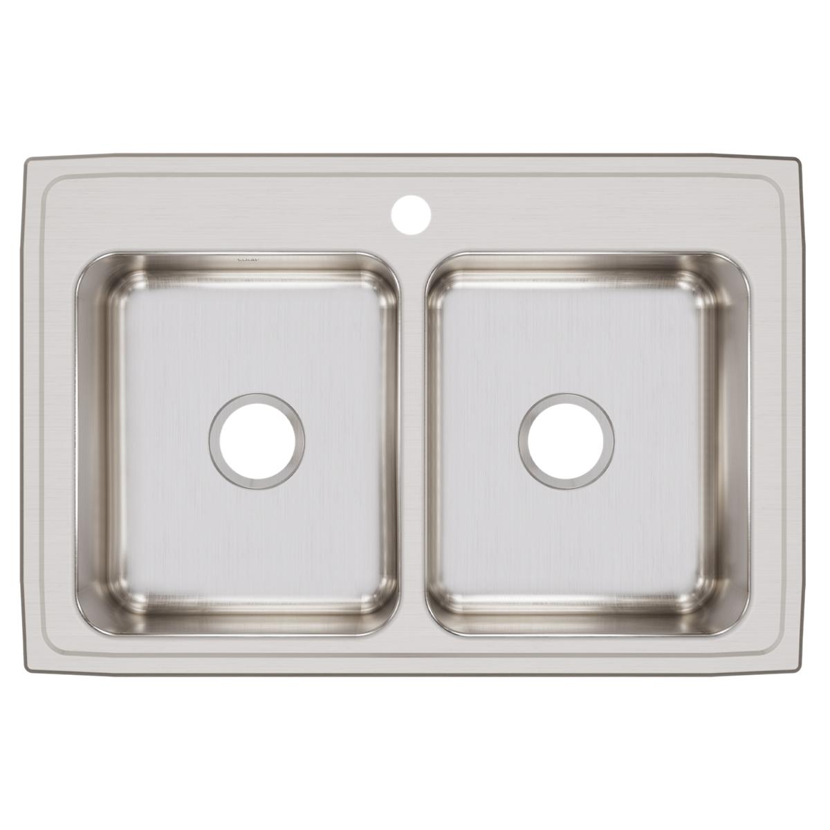 Stainless steel double bowl drop-in sink with two equal-sized basins and single faucet hole.