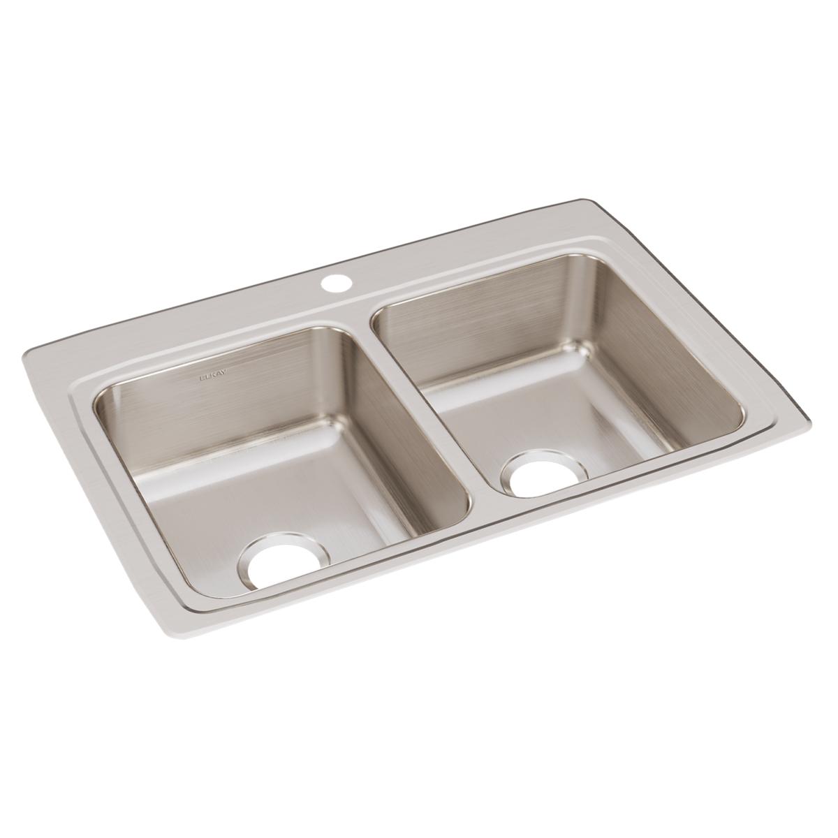 Stainless steel drop-in sink with two equal rectangular bowls and one faucet hole.