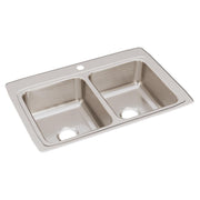 Stainless steel drop-in sink with two equal rectangular bowls and one faucet hole.