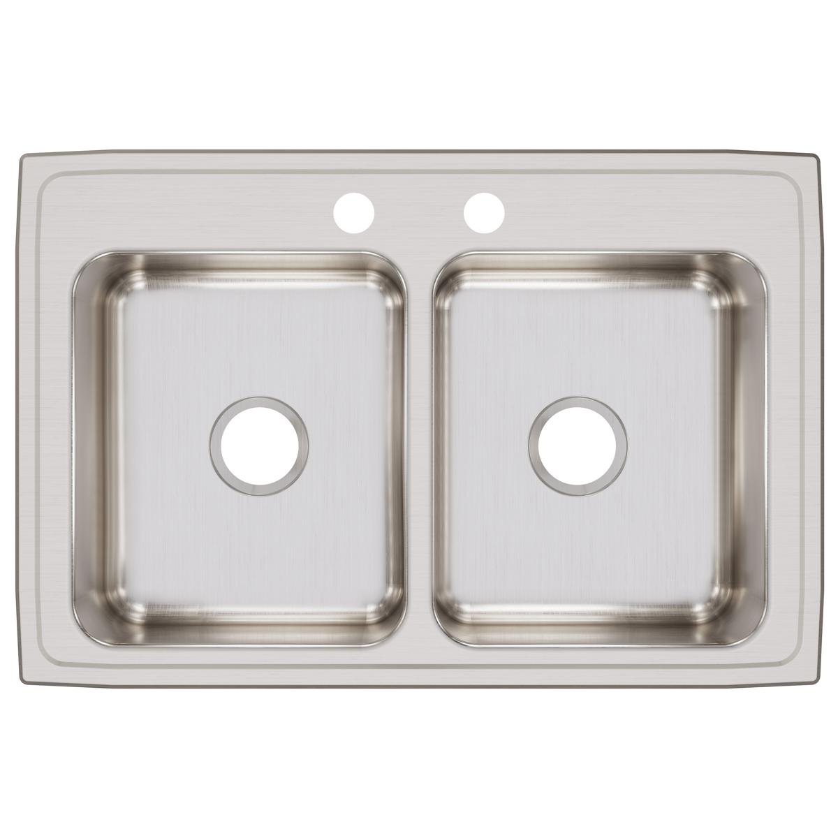 Stainless steel drop-in sink with two equal rectangular bowls and pre-drilled holes for faucet installation.