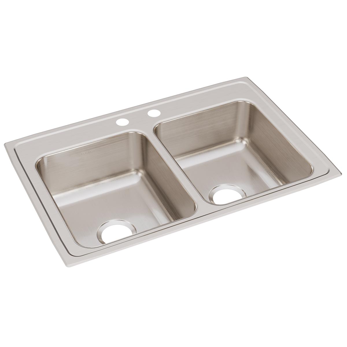 Stainless steel double bowl drop-in sink with two faucet holes and brushed finish surface.