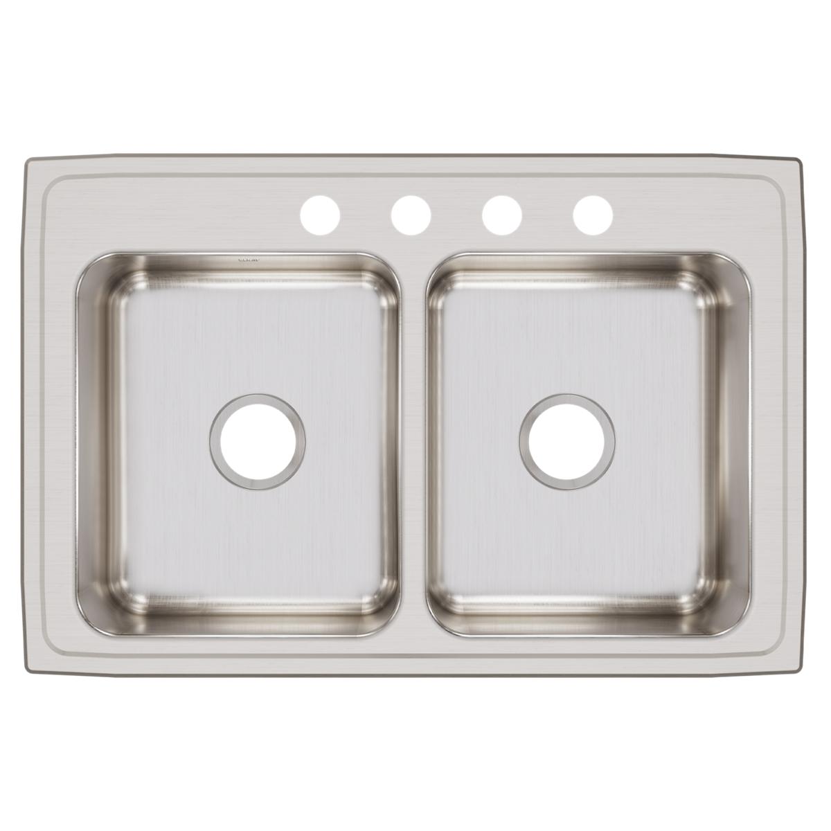 Stainless steel drop-in sink with two equal rectangular bowls and four faucet holes along the rim.