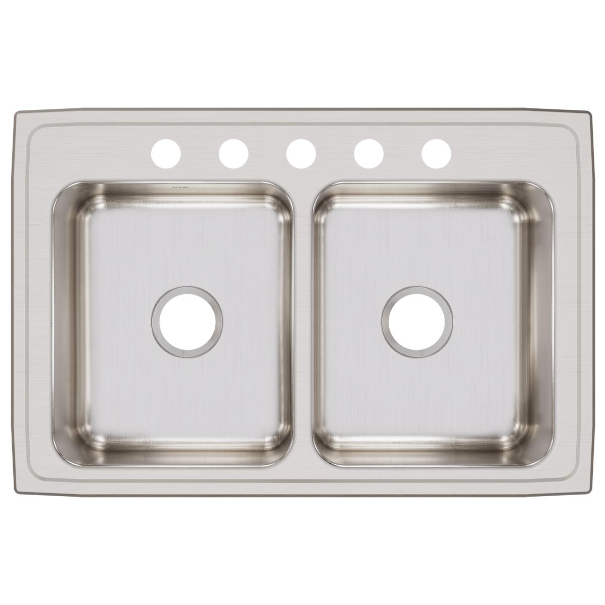 Stainless steel drop-in sink with two equal bowls and five pre-drilled holes across the rim.