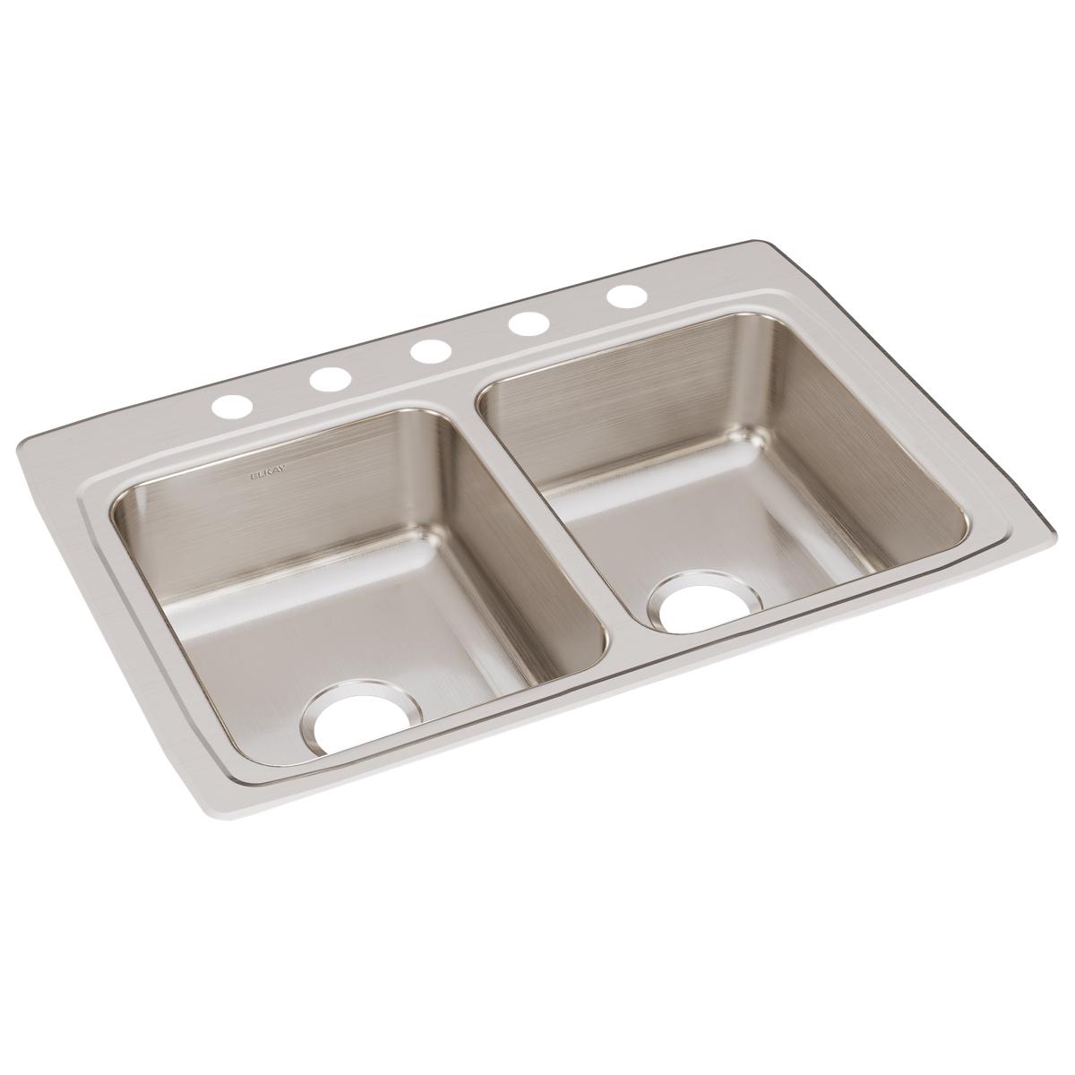 Stainless steel double bowl drop-in sink with five holes across the rim for faucet mounting.
