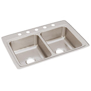 Stainless steel double bowl drop-in sink with five holes across the rim for faucet mounting.