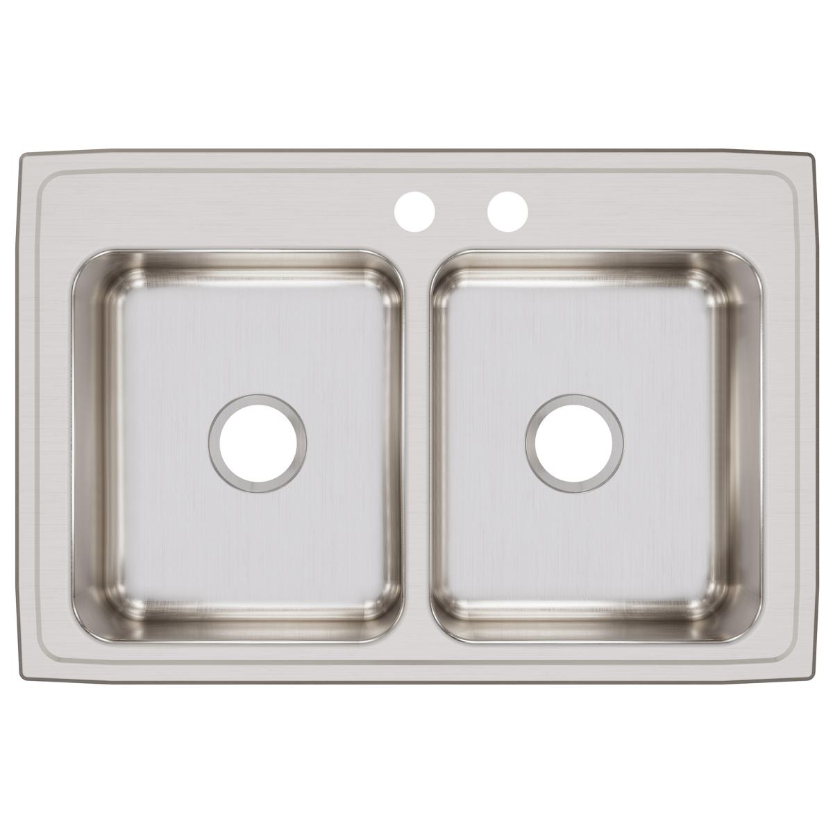 Stainless steel double bowl drop-in sink with two faucet holes and drain openings in each basin.