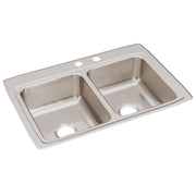 Stainless steel drop-in sink with two equal rectangular bowls and faucet holes along the rim.