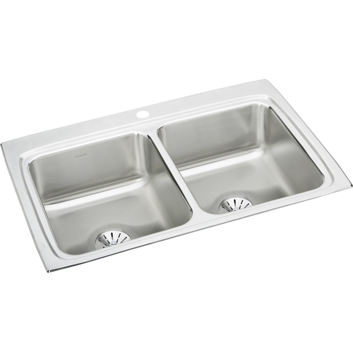 Stainless steel double bowl drop-in sink with two equal basins and drain holes.