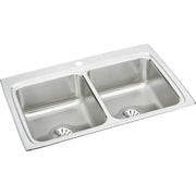 Stainless steel double bowl drop-in sink with two equal basins and drain holes.