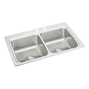 Stainless steel drop-in kitchen sink with two equal bowls and drains, featuring a brushed finish rim.