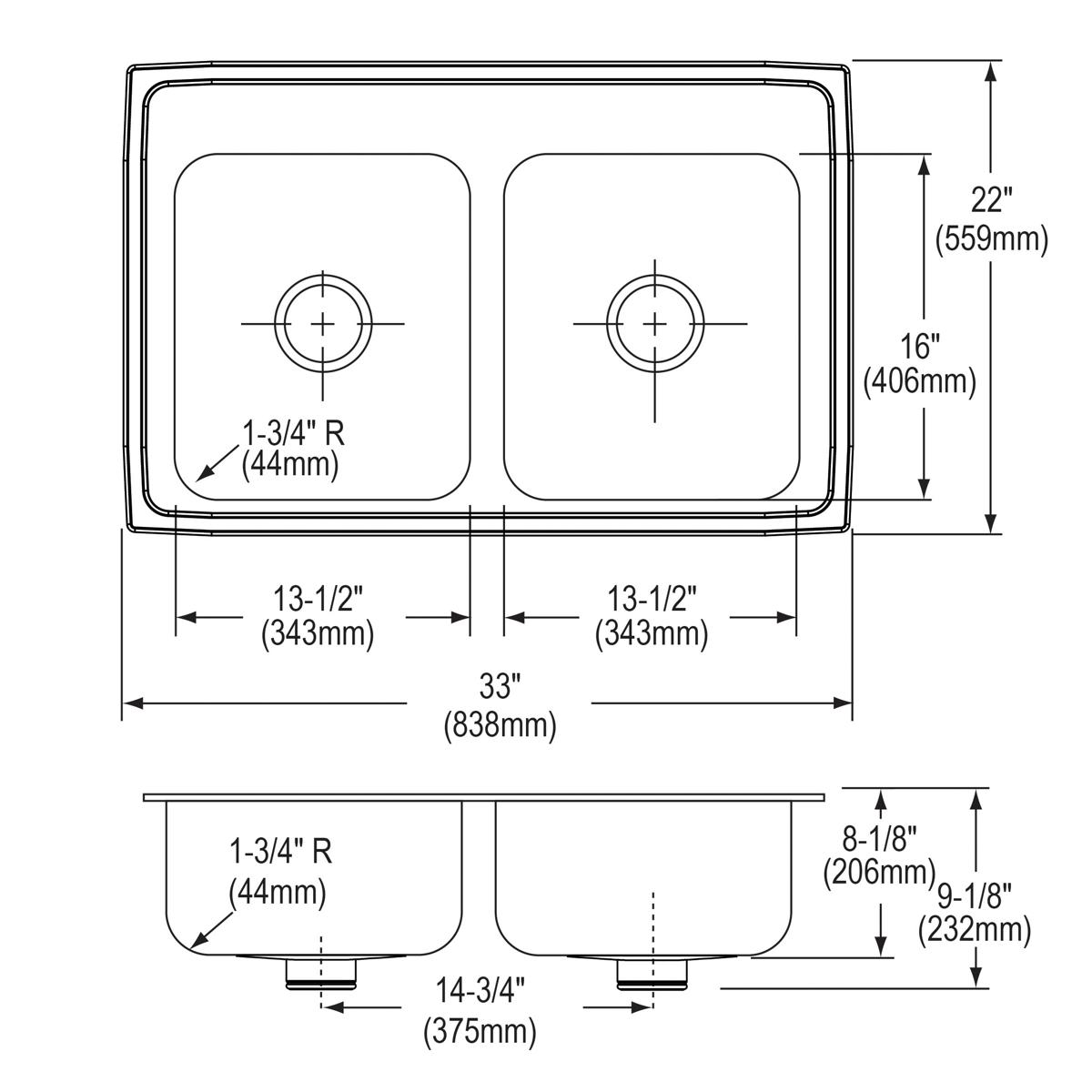 Stainless steel drop-in sink with two equal rectangular bowls and drain openings, 33" wide x 22" deep.