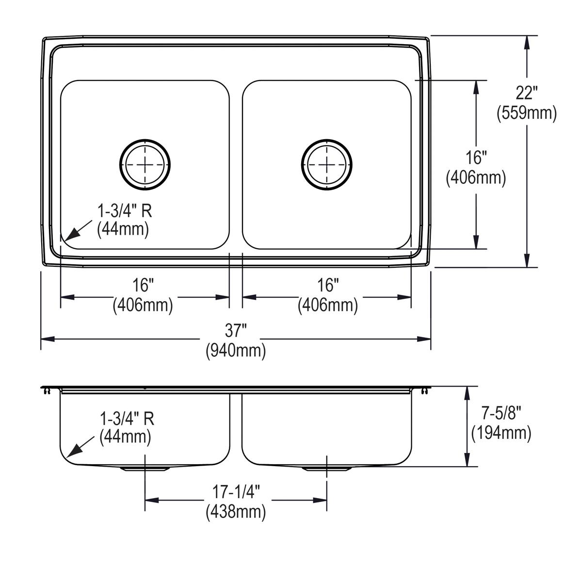 Stainless steel double bowl drop-in sink with two equal rectangular basins and pre-drilled faucet holes, shown in top and sid