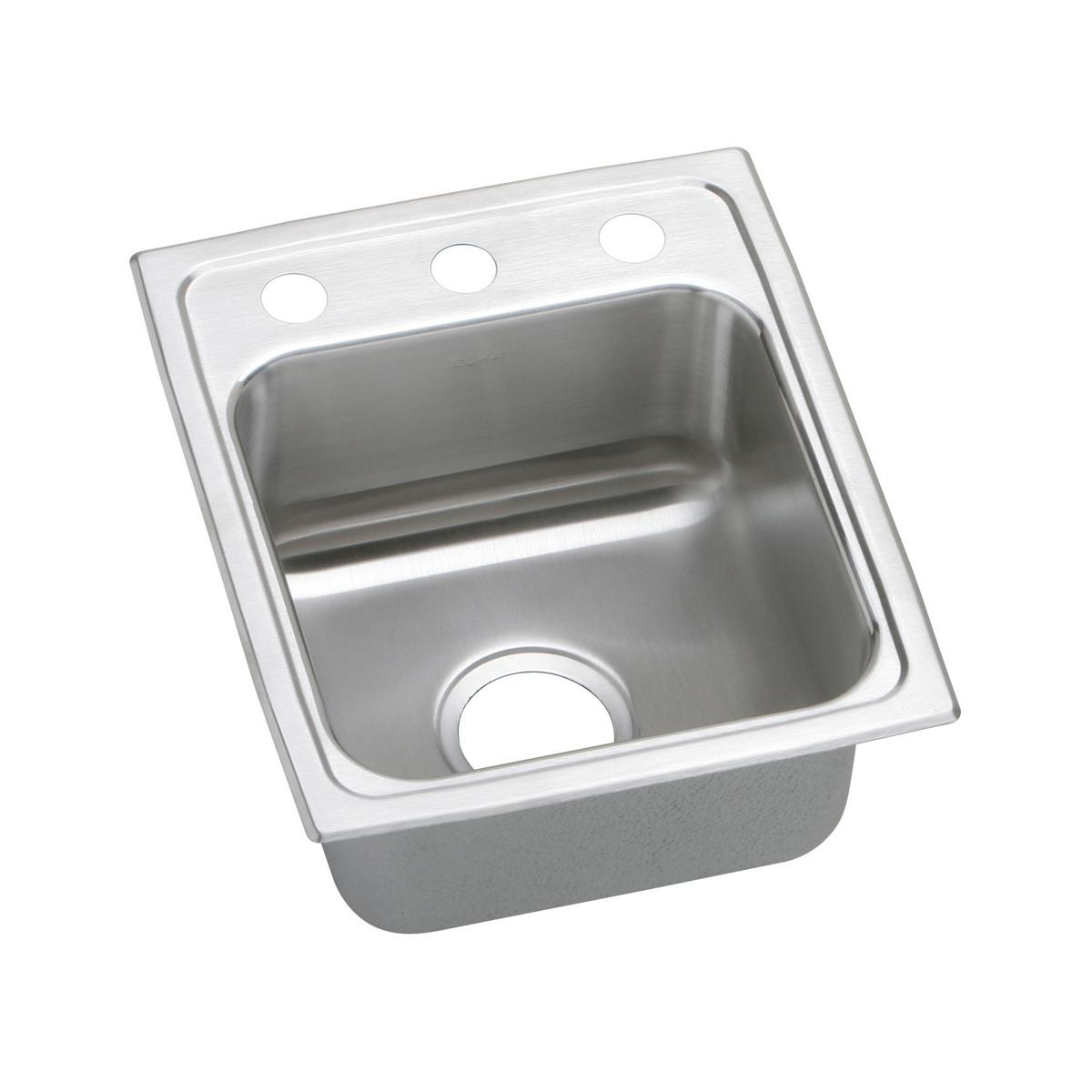 Stainless steel drop-in sink with single bowl, drain opening, and two faucet holes in brushed finish rim.