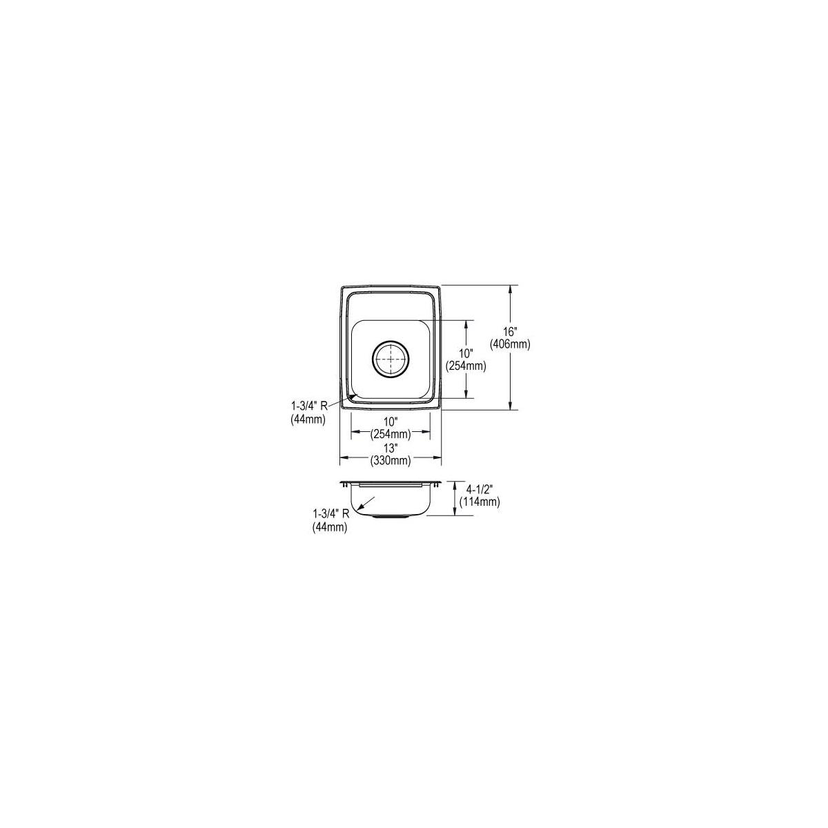 Stainless steel single bowl drop-in sink with one faucet hole and dimension specifications shown in top and side views.