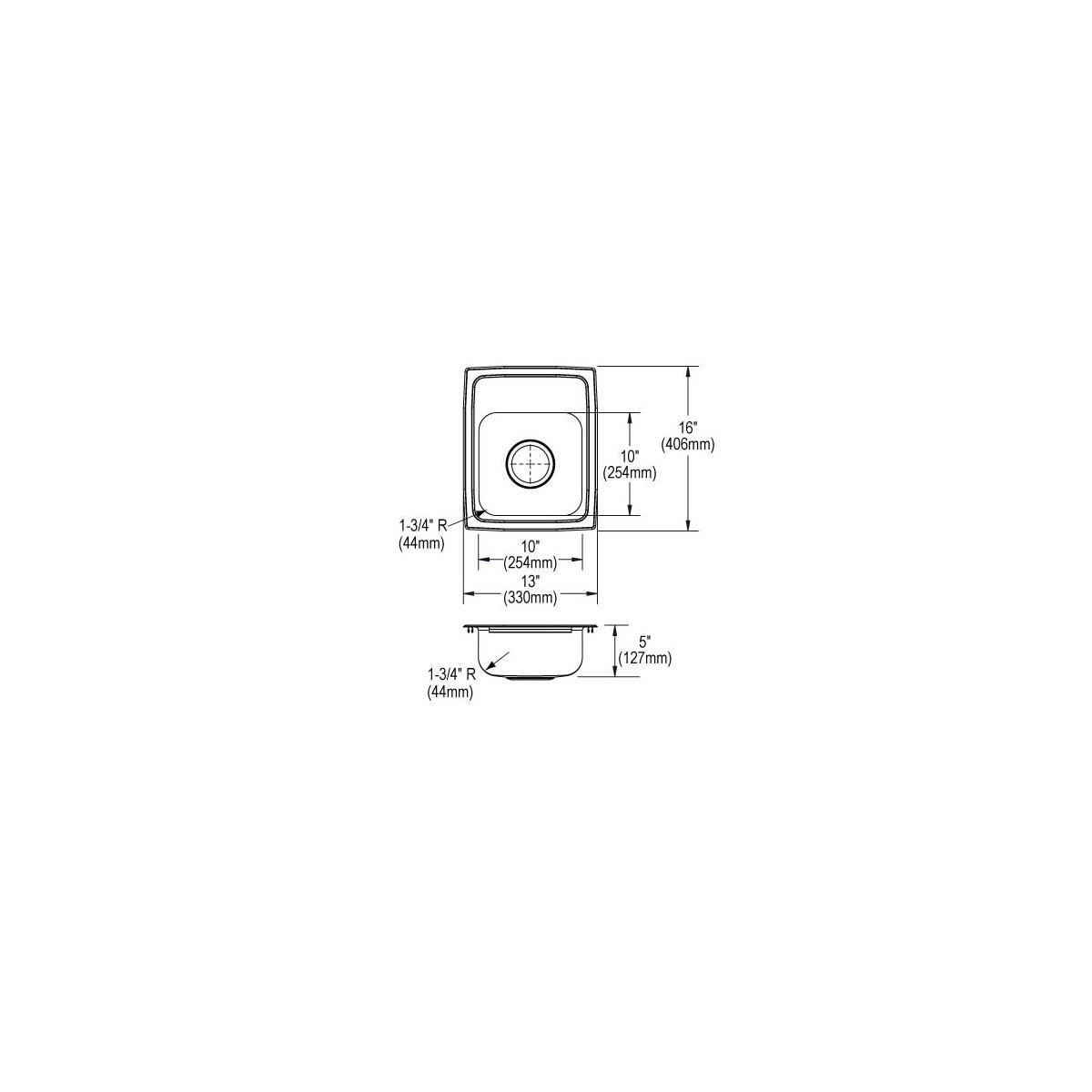 Stainless steel single bowl drop-in sink with one faucet hole, shown from top and side view with dimensions.