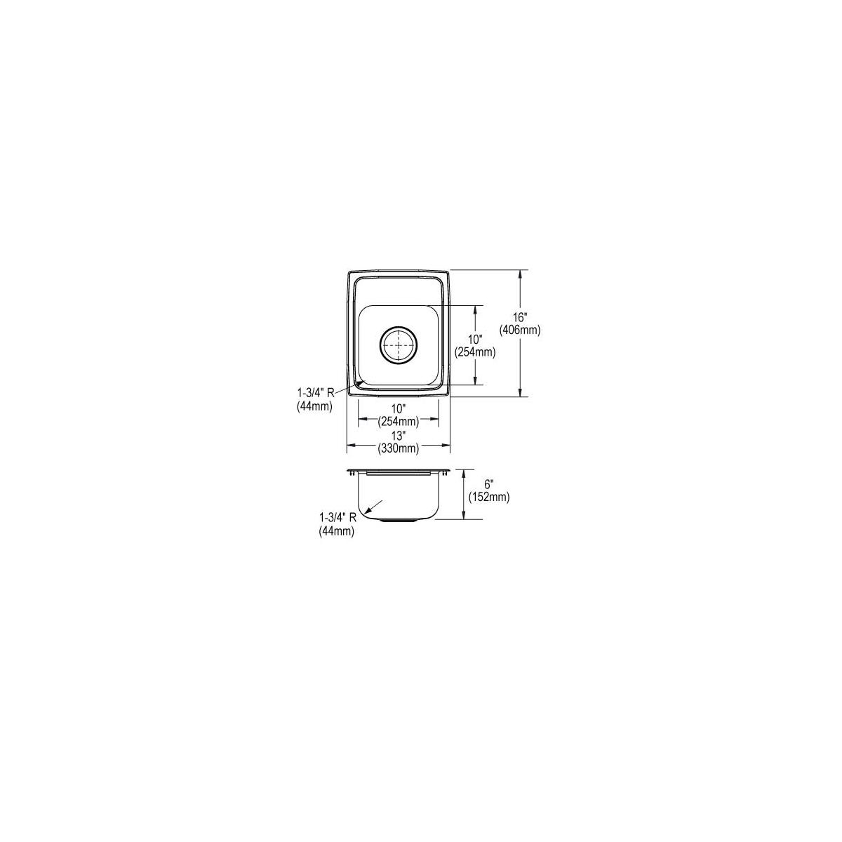 Stainless steel single bowl drop-in sink with top and side view technical drawings showing dimensions and drain placement.